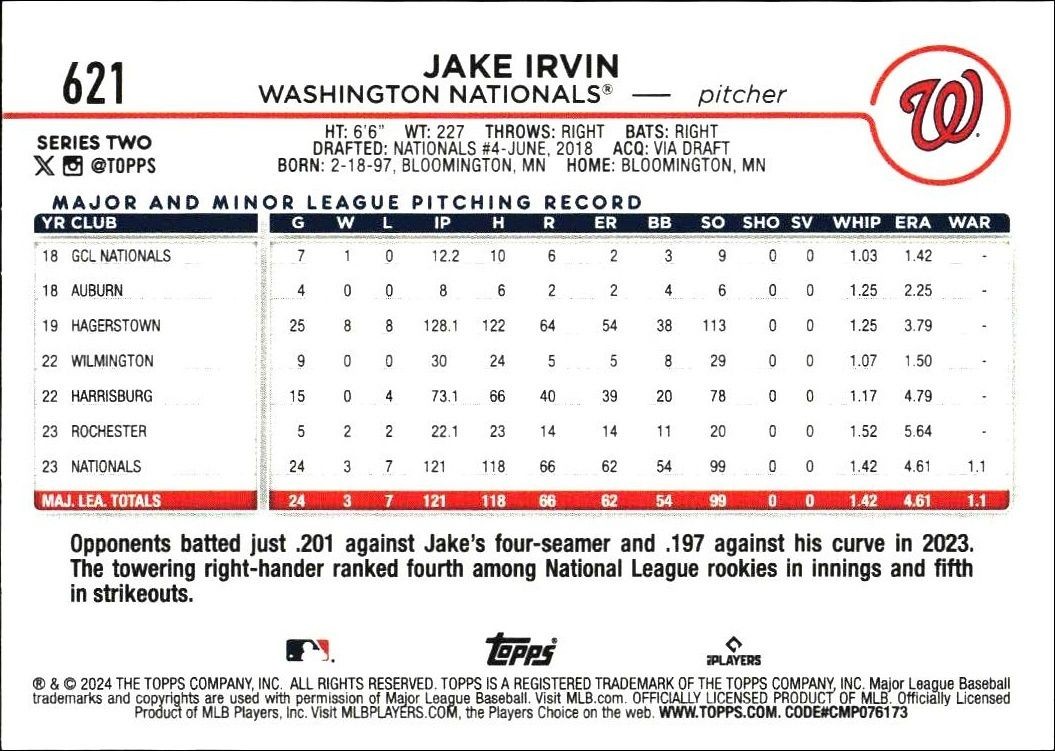 2024 Topps Series 2 Jake Irvin #621 baseball trading card back