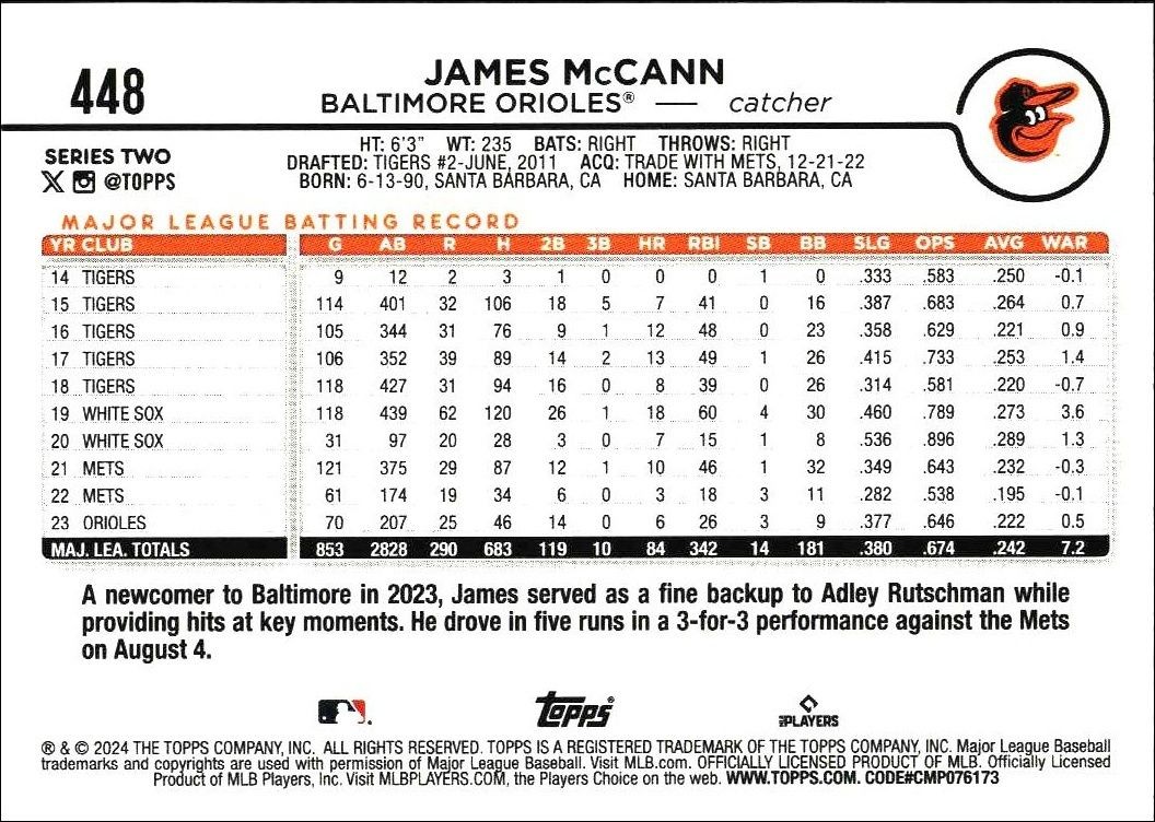 2024 Topps Series 2 James McCann #448 baseball trading card back