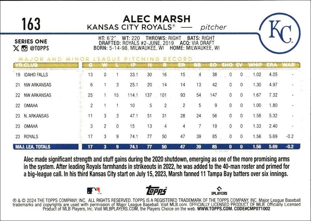 2024 Topps Alec Marsh #163 baseball trading card back