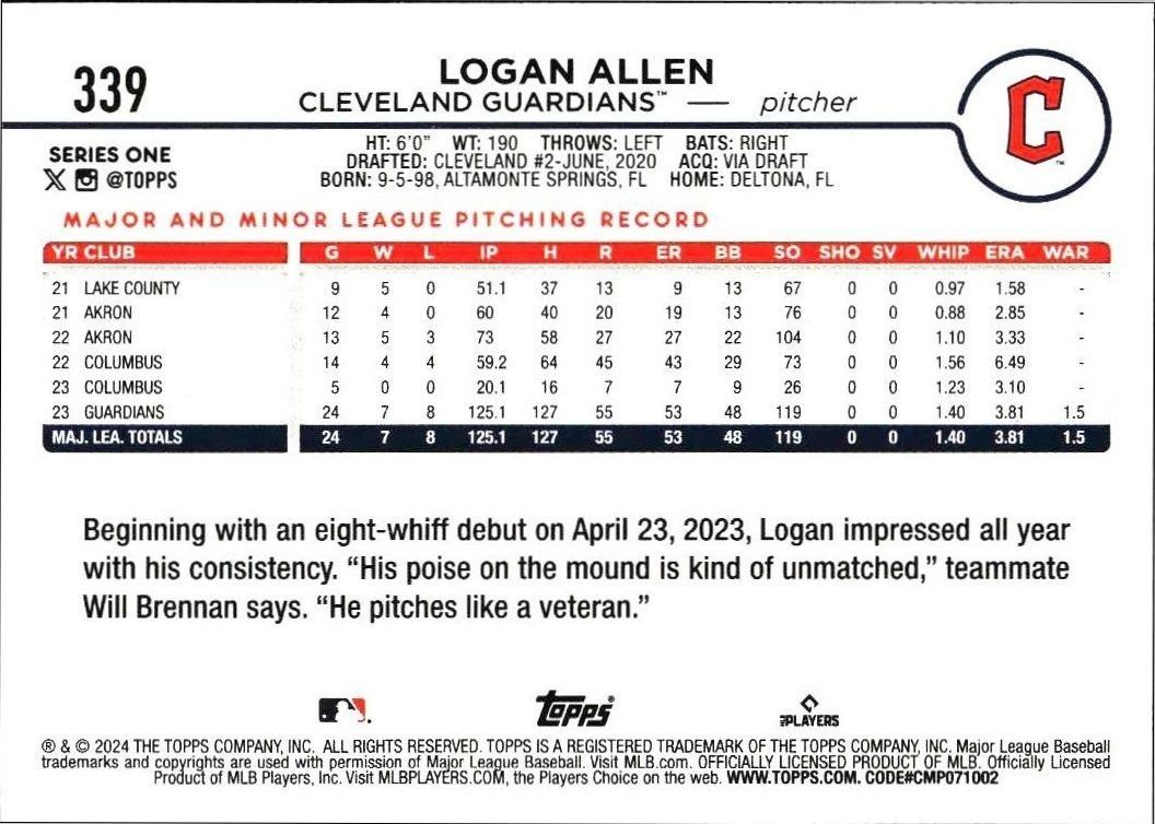 2024 Topps Logan Allen #339 baseball trading card back