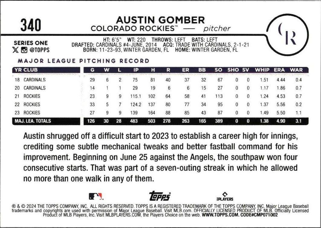 2024 Topps Austin Gomber #340 baseball trading card back
