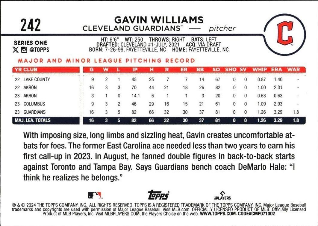 2024 Topps Gavin Williams #242 baseball trading card back