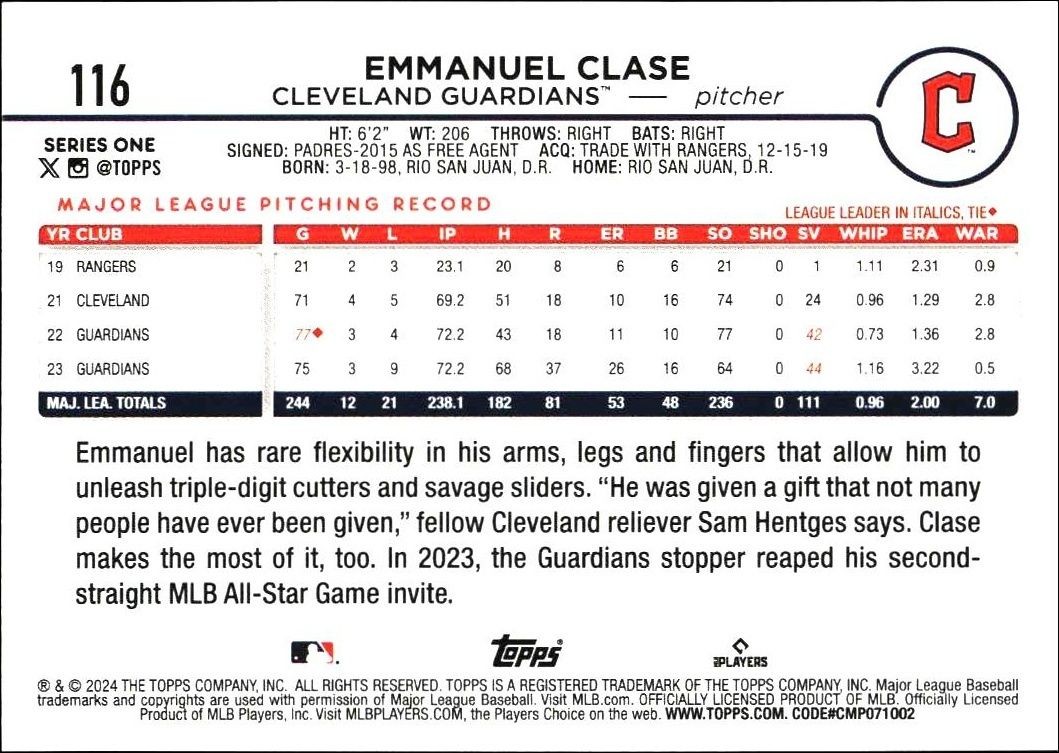 2024 Topps Emmanuel Clase #116 baseball trading card back