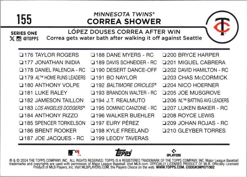 2024 Topps Correa Shower #155 baseball trading card back