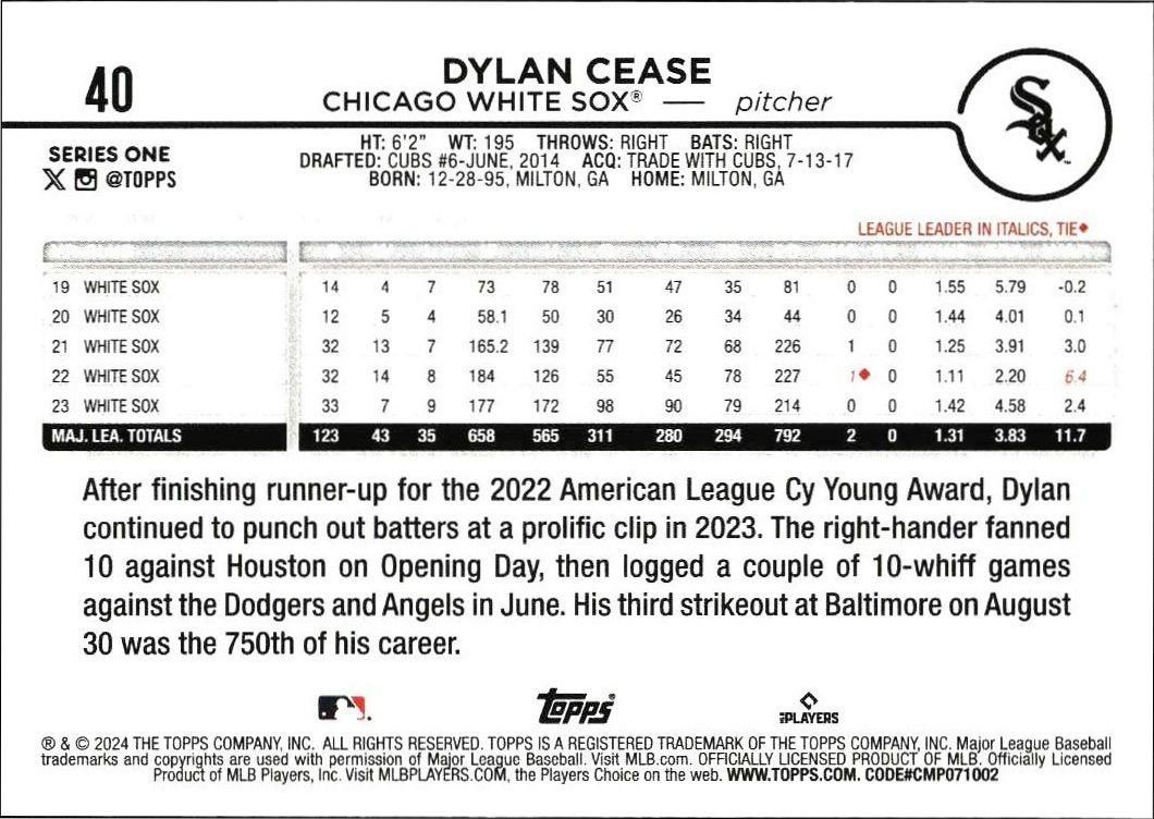 2024 Topps Dylan Cease #40 baseball trading card back