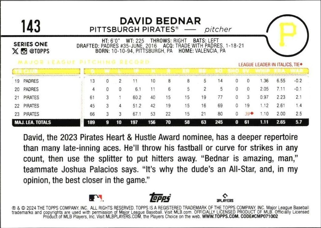 2024 Topps David Bednar #143 baseball trading card back