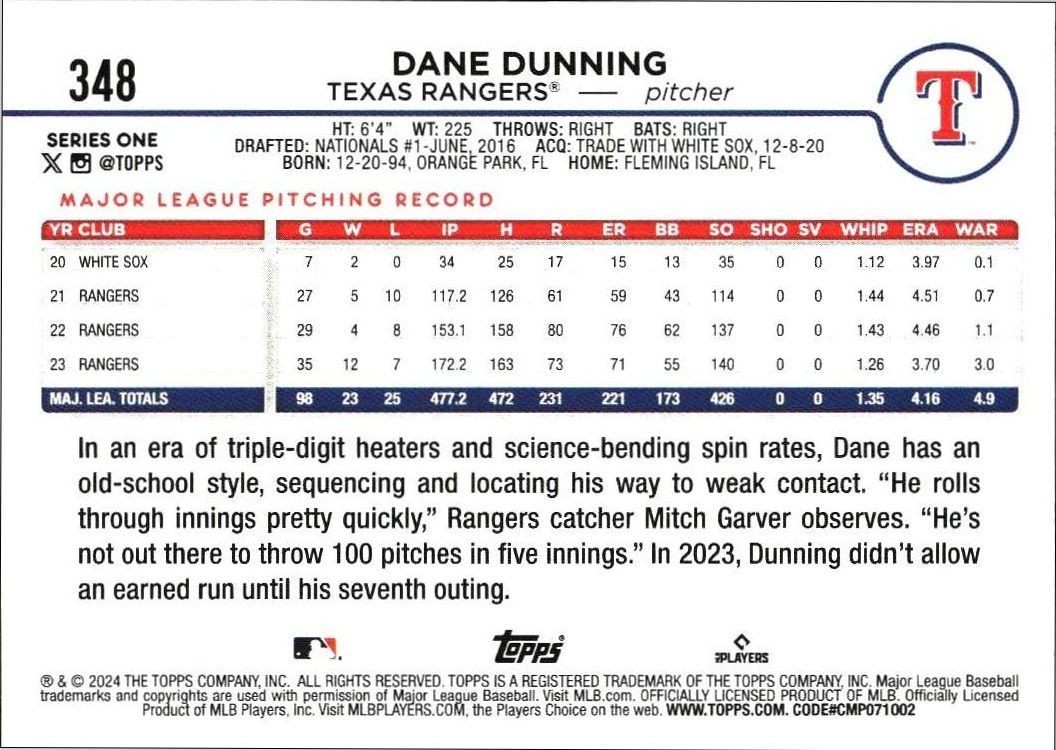 2024 Topps Dane Dunning #348 baseball trading card back