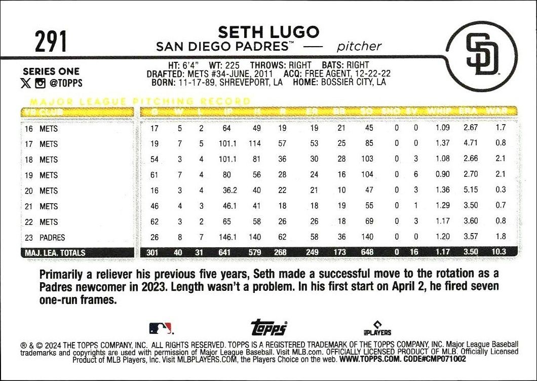 2024 Topps Seth Lugo #291 baseball trading card back