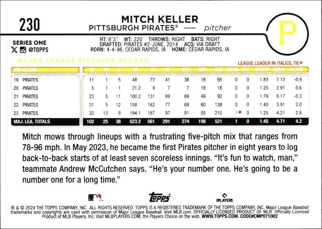 2024 Topps Mitch Keller #230 baseball trading card back