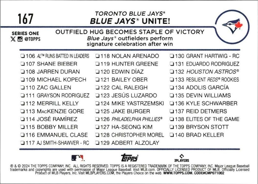 2024 Topps Blue Jays Unite! #167 baseball trading card back