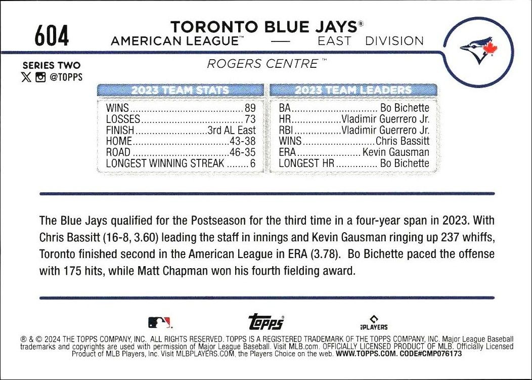2024 Topps Series 2 Toronto Blue Jays #604 baseball trading card back