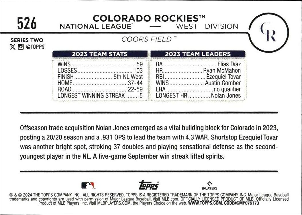 2024 Topps Series 2 Colorado Rockies #526 baseball trading card back