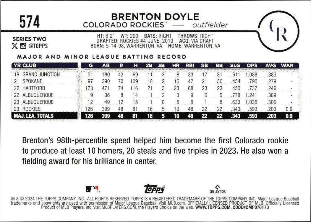 2024 Topps Series 2 Brenton Doyle #574 baseball trading card back