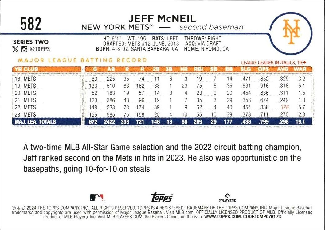 2024 Topps Series 2 Jeff McNeil #582 baseball trading card back