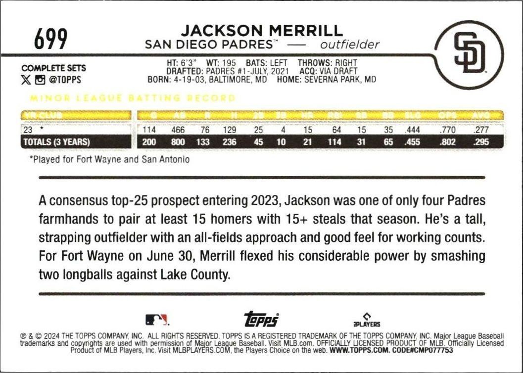 2024 Topps Complete Sets Jackson Merrill #699 baseball trading card back