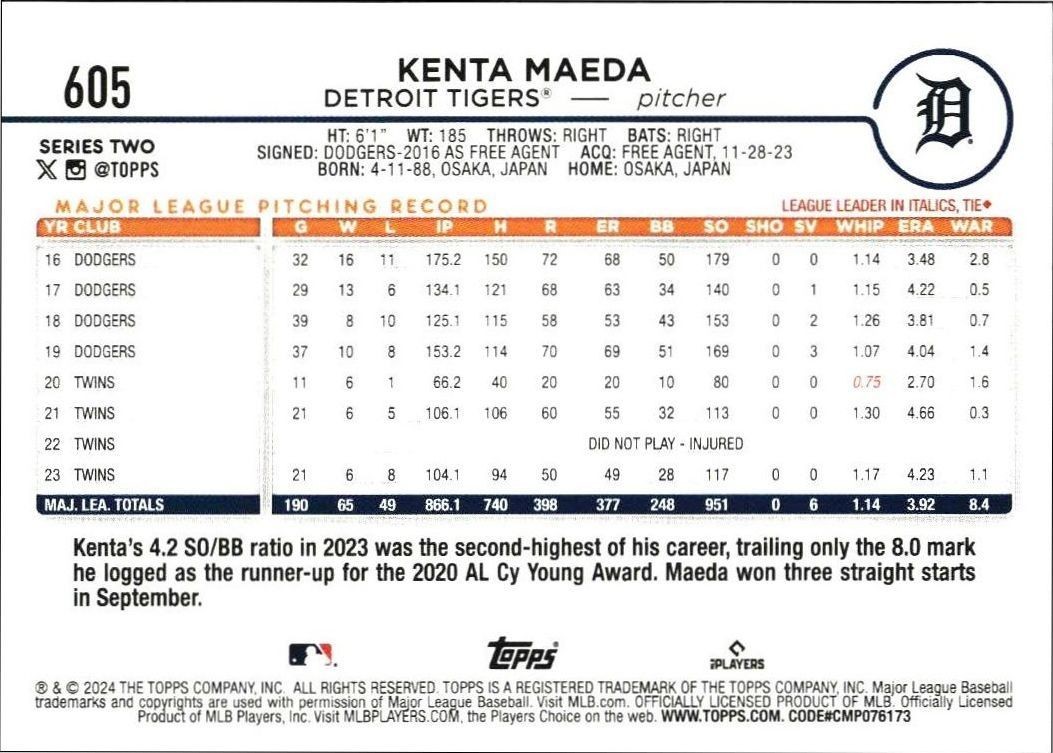 2024 Topps Series 2 Kenta Maeda #605 baseball trading card back