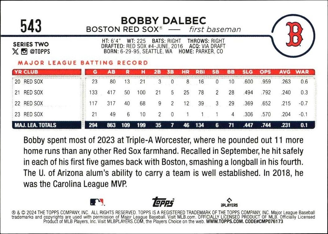 2024 Topps Series 2 Bobby Dalbec #543 baseball trading card back
