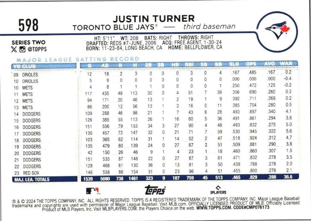 2024 Topps Series 2 Justin Turner #598 baseball trading card back