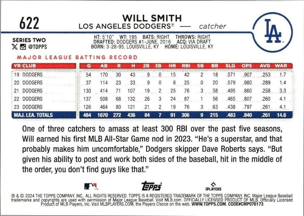 2024 Topps Series 2 Will Smith #622 baseball trading card back