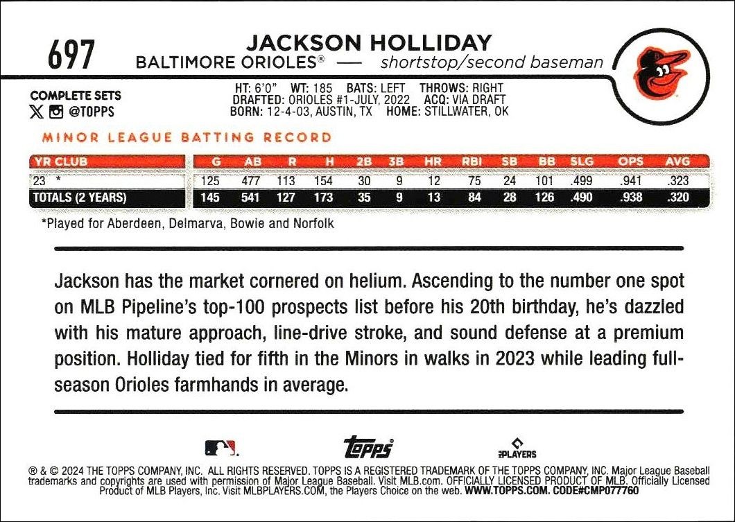 2024 Topps Complete Sets Jackson Holliday #697 baseball trading card back