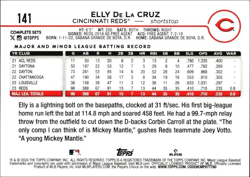 2024 Topps Complete Sets Elly De La Cruz #141 baseball trading card back