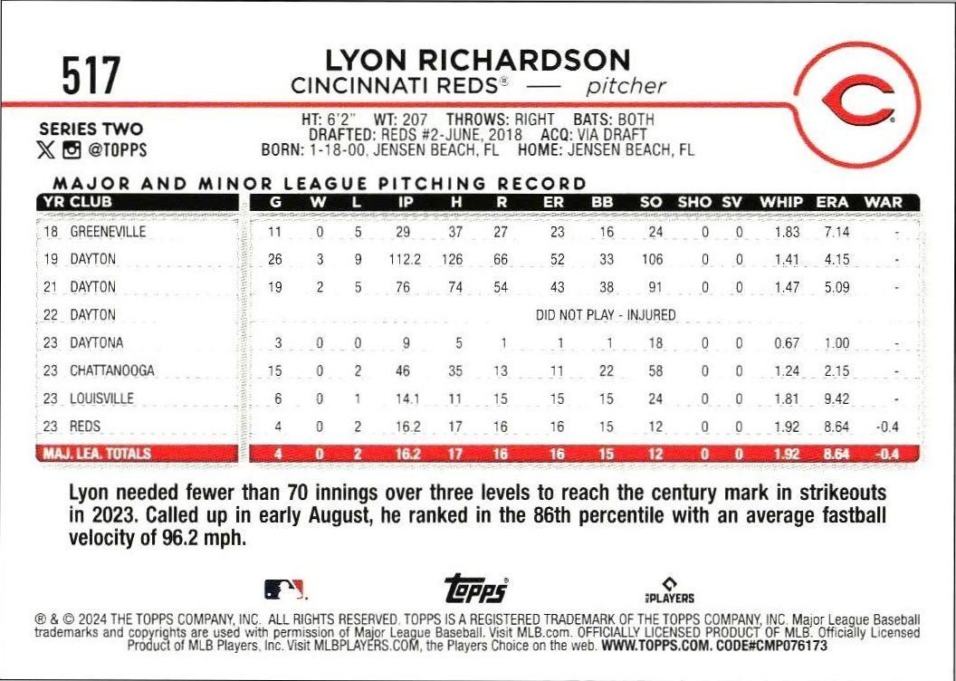 2024 Topps Series 2 Lyon Richardson #517 baseball trading card back