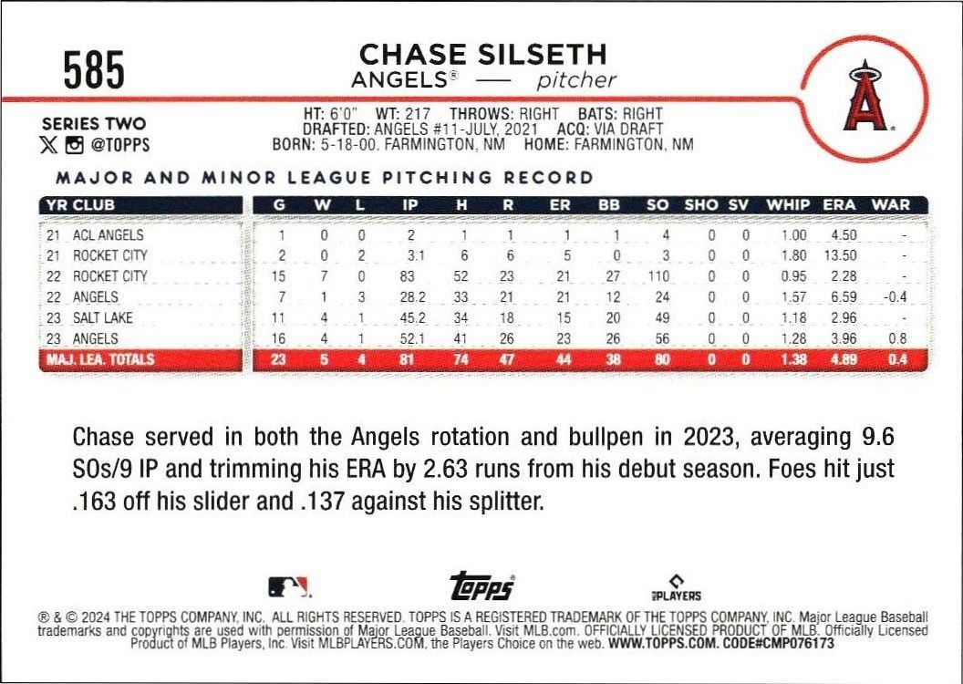 2024 Topps Series 2 Chase Silseth #585 baseball trading card back