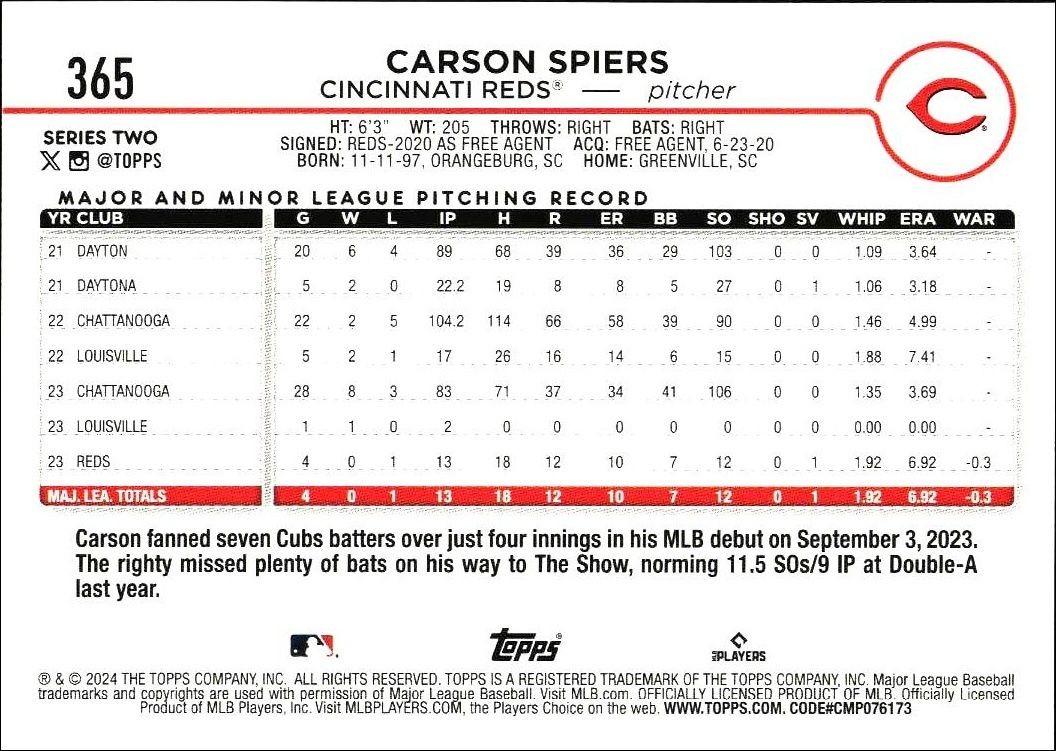 2024 Topps Series 2 Carson Spiers #365 baseball trading card back