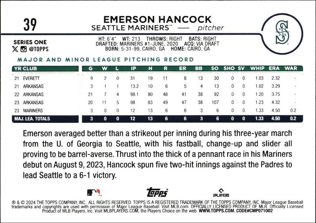 2024 Topps Emerson Hancock #39 baseball trading card back