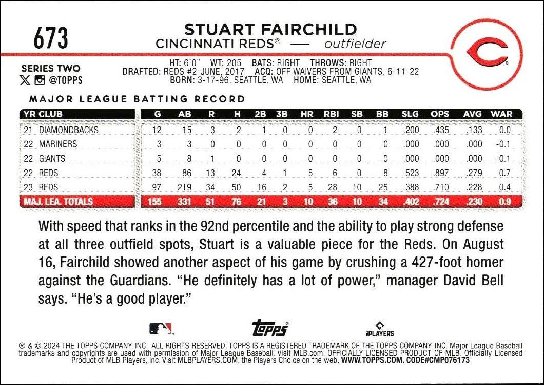 2024 Topps Series 2 Stuart Fairchild #673 baseball trading card back