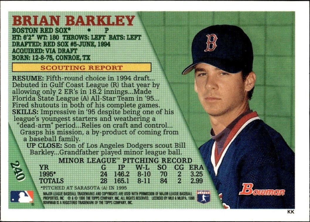 1996 Bowman Brian Barkley #240 baseball trading card back