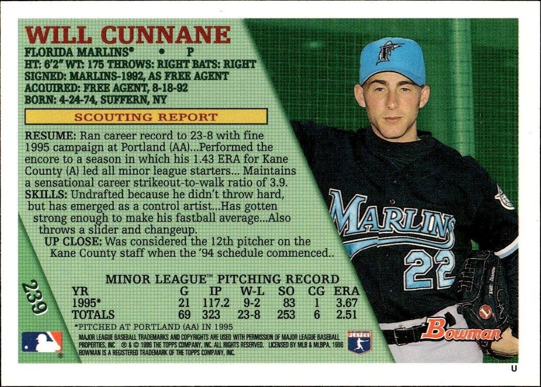 1996 Bowman Will Cunnane #239 baseball trading card back