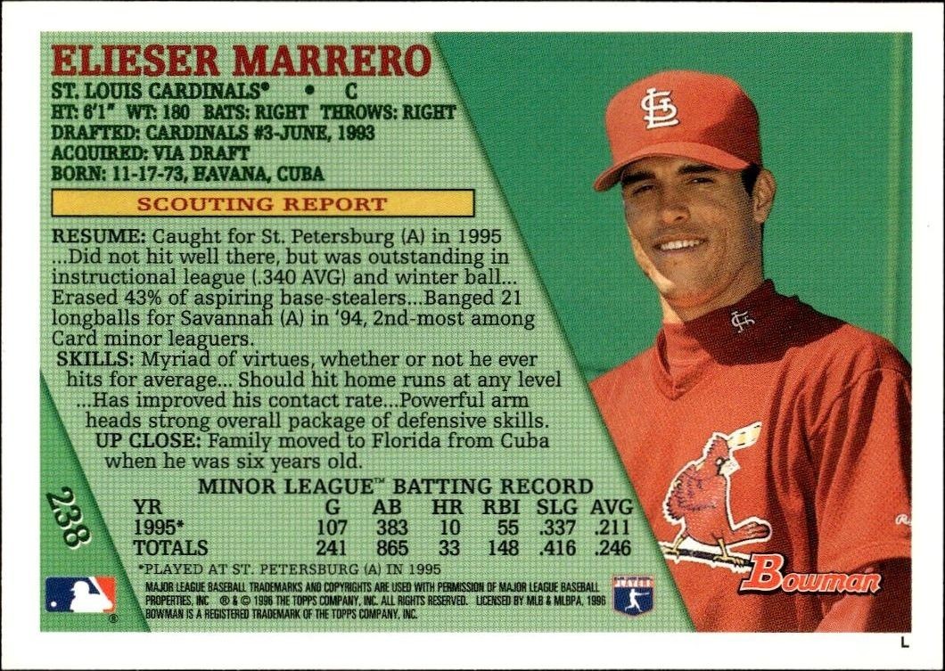 1996 Bowman Eli Marrero #238 baseball trading card back