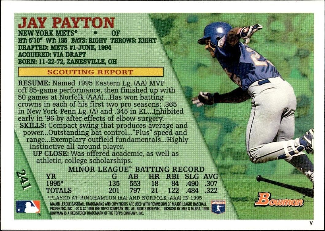 1996 Bowman Jay Payton #241 baseball trading card back