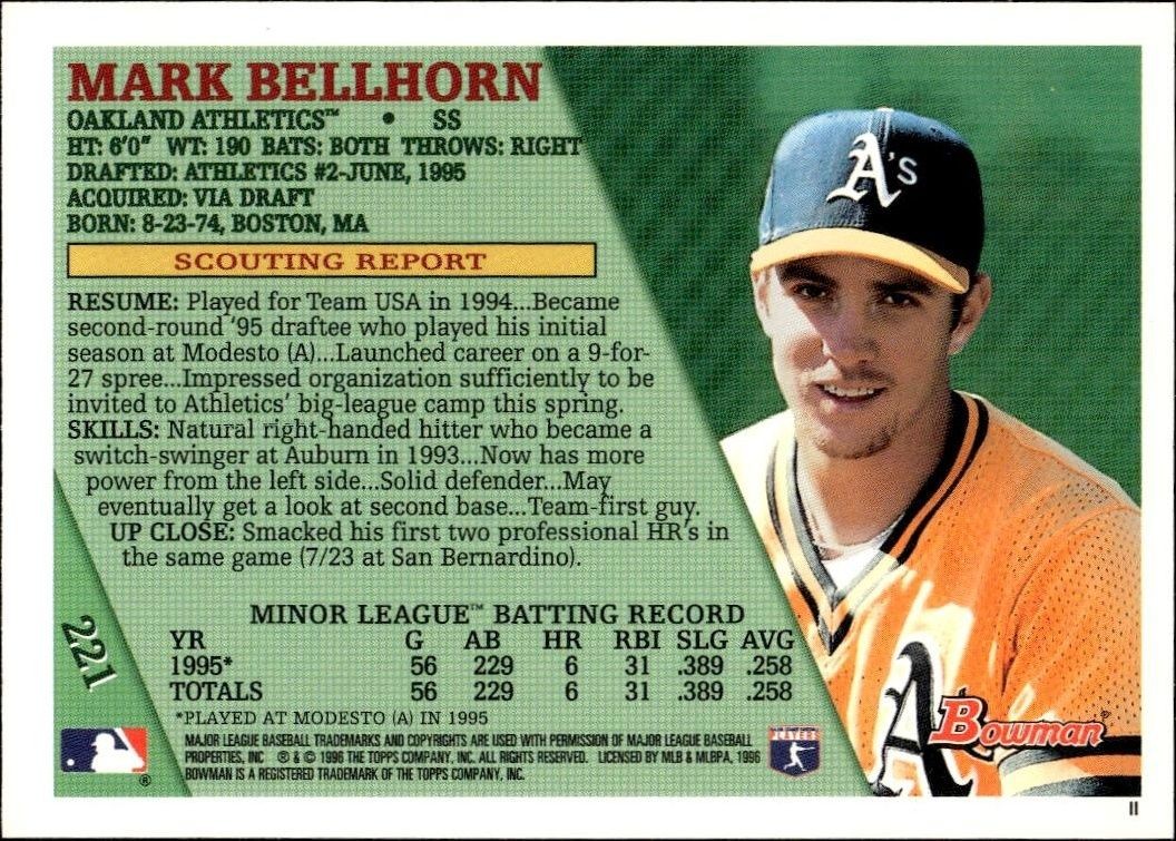 1996 Bowman Mark Bellhorn #221 baseball trading card back
