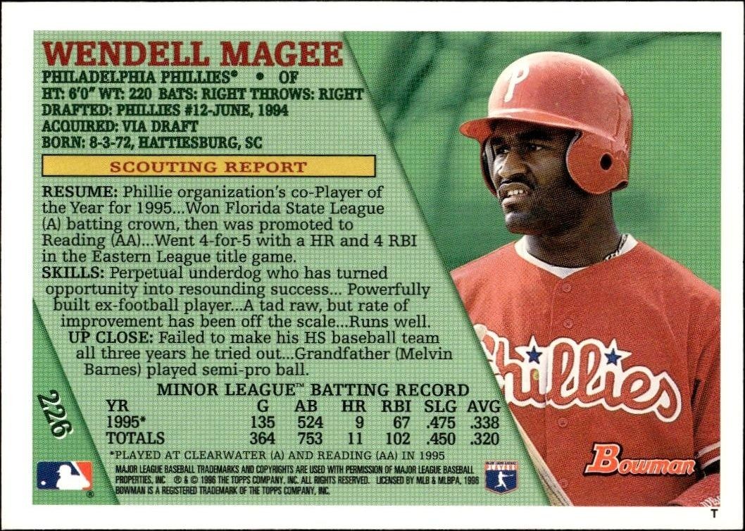 1996 Bowman Wendell Magee #226 baseball trading card back