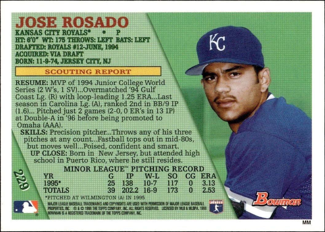 1996 Bowman Jose Rosado #229 baseball trading card back