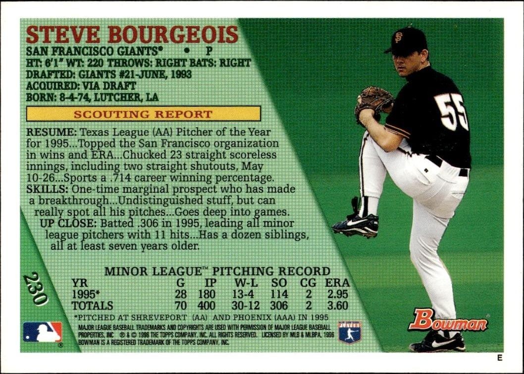 1996 Bowman Steve Bourgeois #230 baseball trading card back