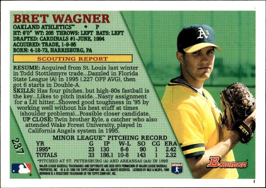 1996 Bowman Bret Wagner #237 baseball trading card back