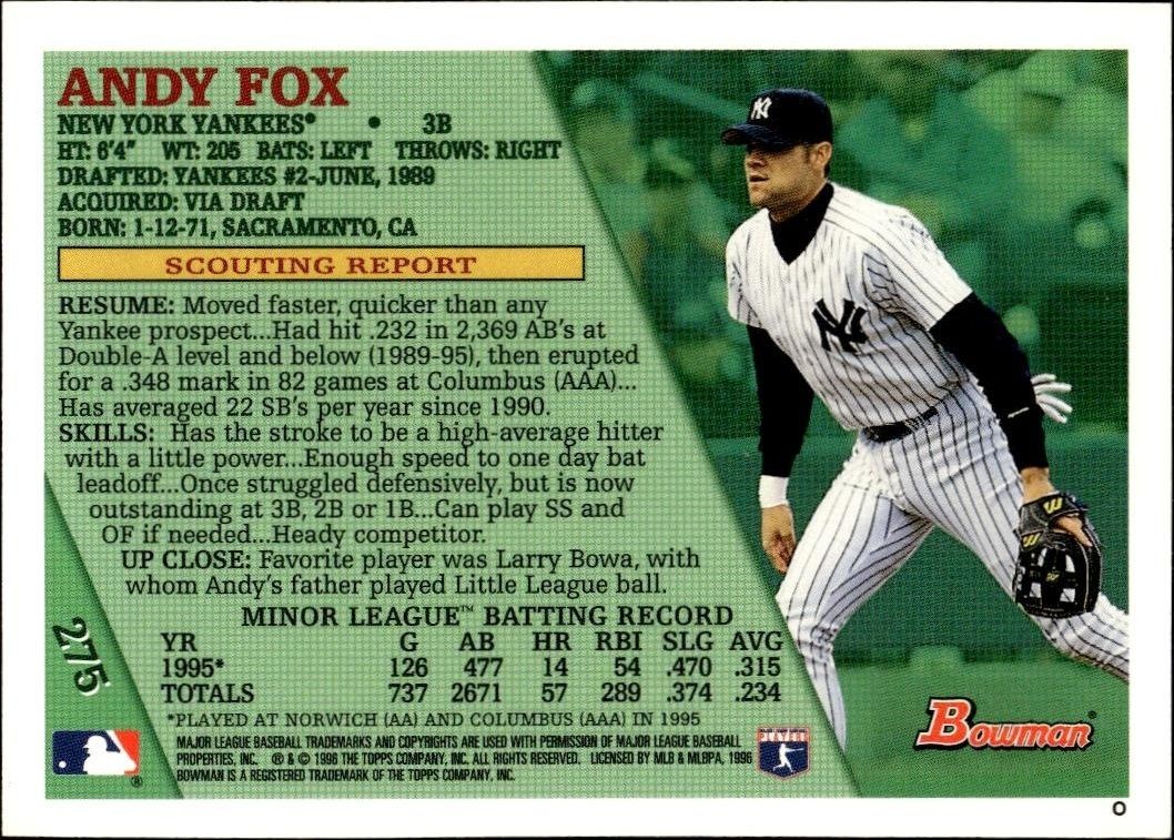 1996 Bowman Andy Fox #275 baseball trading card back
