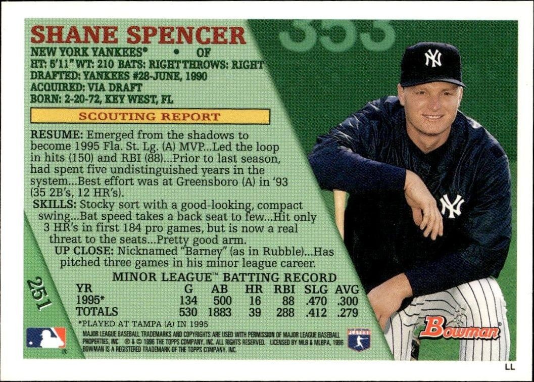 1996 Bowman Shane Spencer #251 baseball trading card back