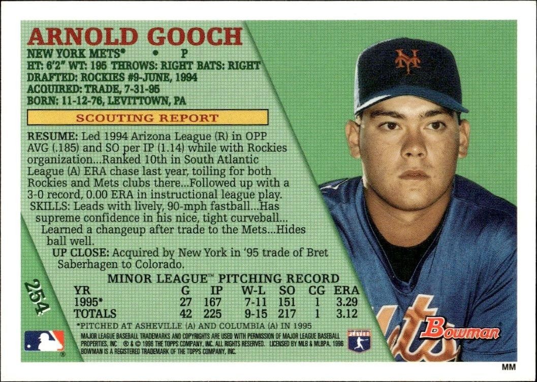 1996 Bowman Arnold Gooch #254 baseball trading card back