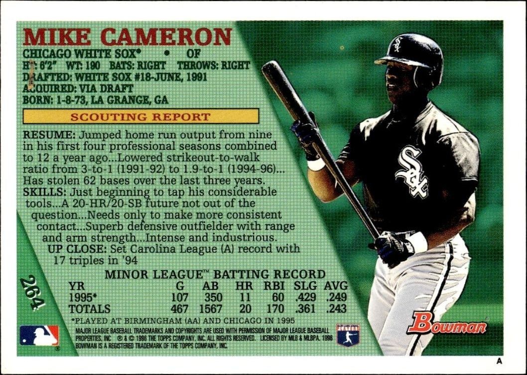 1996 Bowman Mike Cameron #264 baseball trading card back