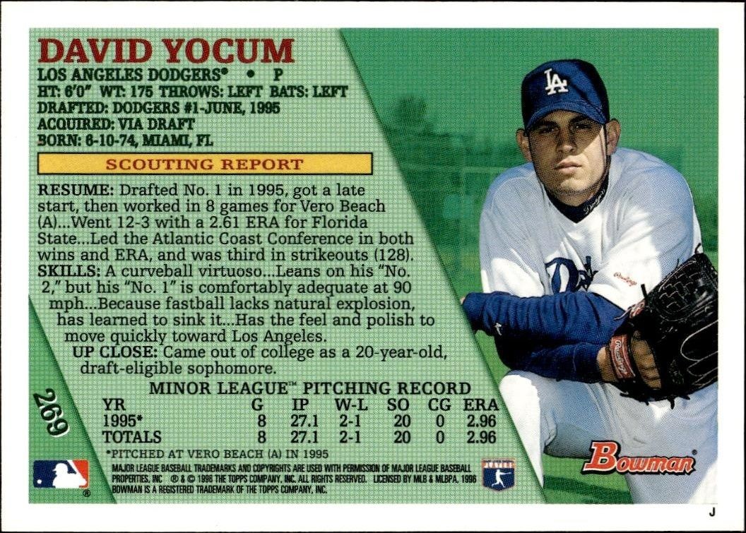 1996 Bowman David Yocum #269 baseball trading card back