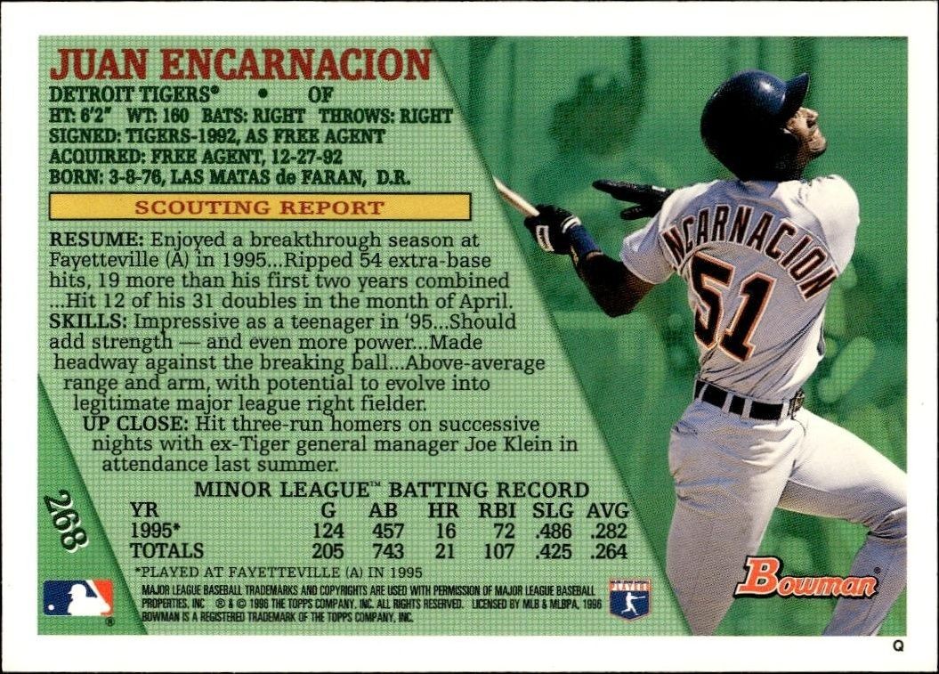 1996 Bowman Juan Encarnacion #268 baseball trading card back