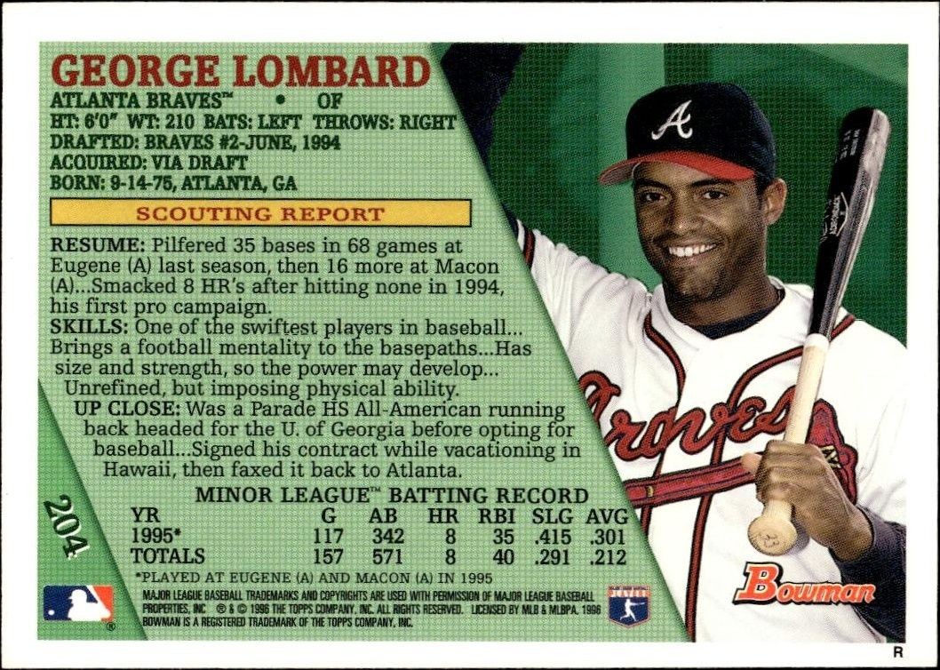 1996 Bowman George Lombard #204 baseball trading card back