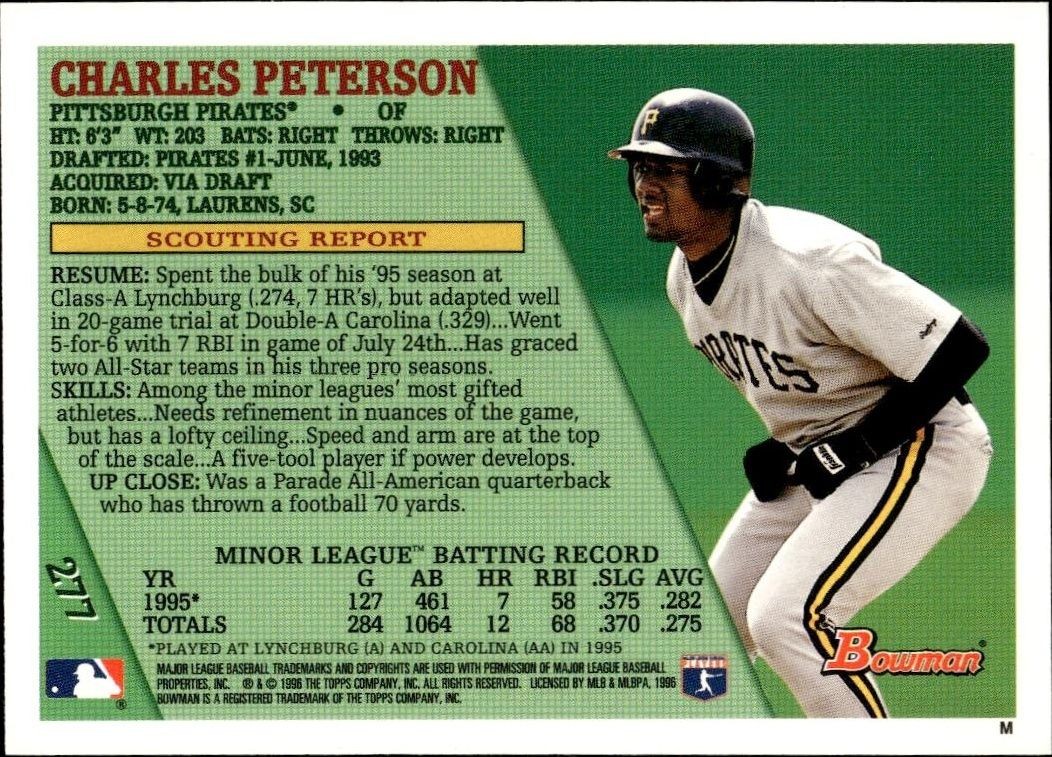 1996 Bowman Charles Peterson #277 baseball trading card back