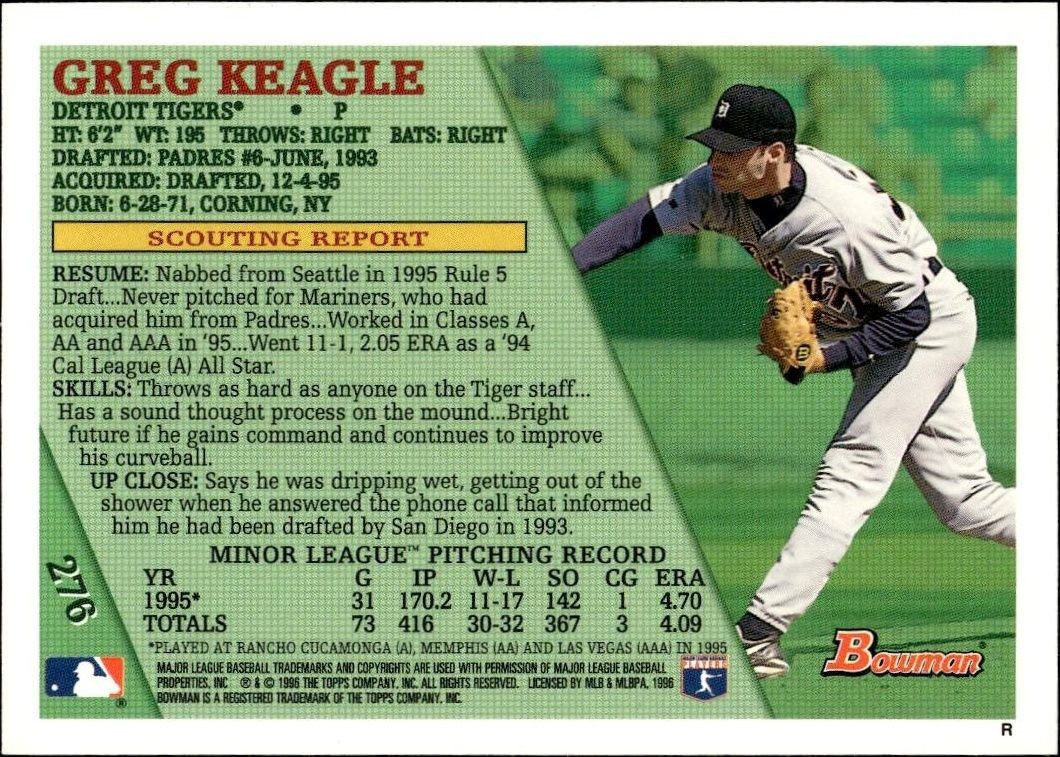 1996 Bowman Greg Keagle #276 baseball trading card back