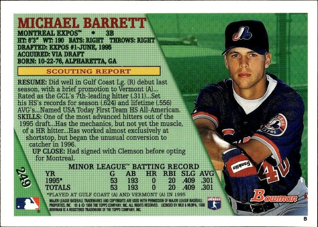 1996 Bowman Michael Barrett #249 baseball trading card back