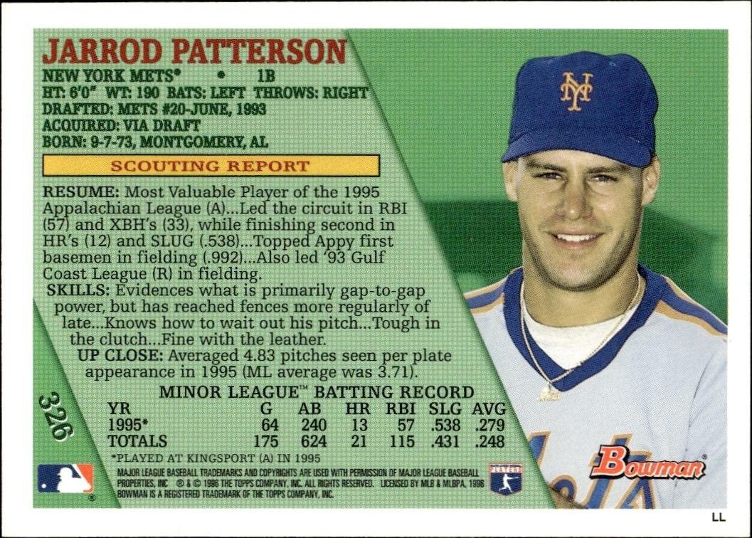1996 Bowman Jarrod Patterson #326 baseball trading card back